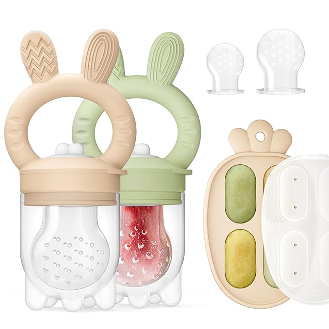 2 Packs Baby Fruit Feeder & Freezer Nibble Tray Combo, Push Pop Baby Food Feeder to Safely Introduce New Foods, Fresh & Frozen Food Silicone Feeder, 100% Food Grade, BPA Free (Caramel & Olive)-BubblyBeeBaby