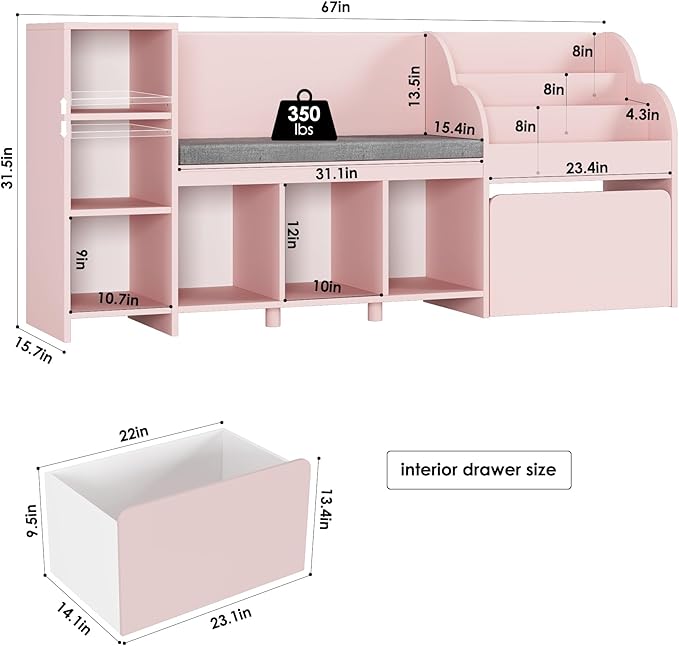 HOSTACK 67" Kids Reading Nook with Bench, Kids Bookshelf and Bookcase with Seat Cushion and 6 Storage Cubbies, Toy Storage Box on Wheels, Toy Chest for Playroom, Bedroom, School, Pink-BubblyBeeBaby
