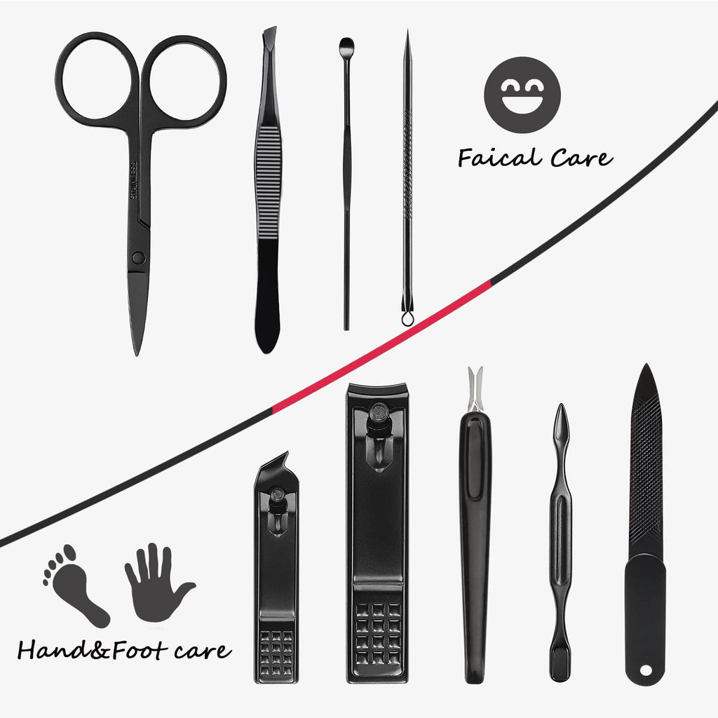 Manicure Set 9 in 1 Stainless Steel, Nail Clippers Scissors Pedicure Tools Kit - Portable Travel Grooming Kit for Men and Women with Leather Case (Red-BIG Nail Clipper)