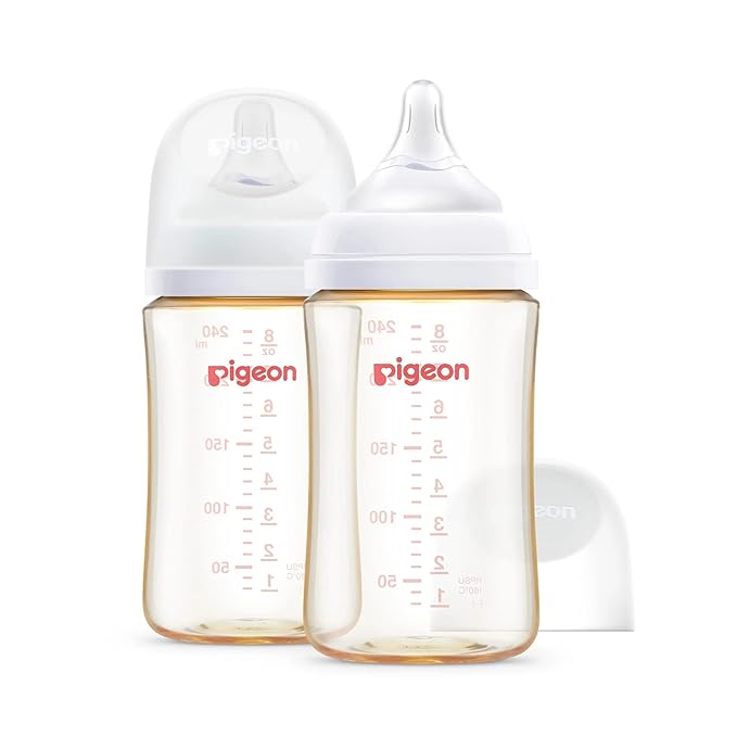 Pigeon PPSU Nursing Baby Bottle Wide Neck, Anti-Colic, Streamlined Body, Natural Feel, Easy to Clean, 8.1 Oz(Pack of 2), Includes 2pcs M Nipples (3m+)-BubblyBeeBaby