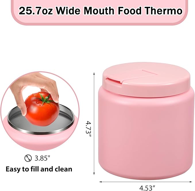 26oz Kids Thermos for Hot Food, Insulated Vacuum Food Jar with Buckle Lid, Stainless Steel Wide Mouth Leak Proof Insulated Lunch Container for School Picnic Travel, Pink-BubblyBeeBaby