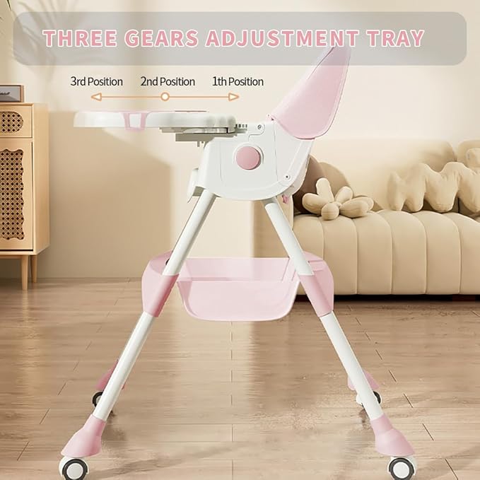 High Chairs for Babies and Toddlers, 4 in 1 Convertible Baby High Chair, Portable High Chair for Travel with Adjustable Height and Back, Foldable HighChair with Wheels& Pu Cushion-BubblyBeeBaby