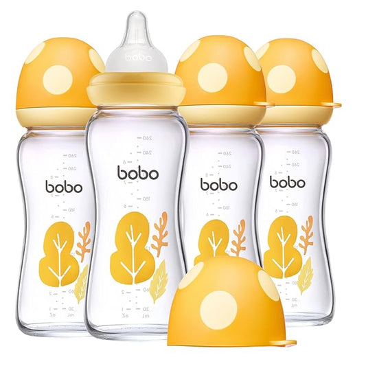 YOHKOH Natural Glass Baby Bottle with Natural Response Nipple, Newborn Anti-Colic Baby Bottles, Wide Neck Mushroom Cap Baby Bottle, Clear (Yellow, (8.8oz (Pack of 4))-BubblyBeeBaby
