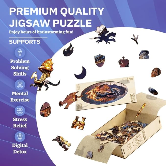 Jigfoxy Wooden Puzzle for Adults, Hatchling Dragon Wooden Jigsaw Puzzles for Adults, Unique Animal Shape Wood Cut Puzzles for Family Friend Puzzle Lovers(L-13.5 * 11.2in-257pcs)-BubblyBeeBaby