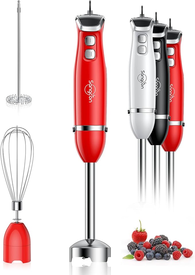 Sangcon Immersion Blender Handheld, 3-in-1 Hand Blender Electric, 400W Handheld Blender, Stainless Steel Blade Stick Blender with Whisk, Milk Frother Attachments - Red-BubblyBeeBaby
