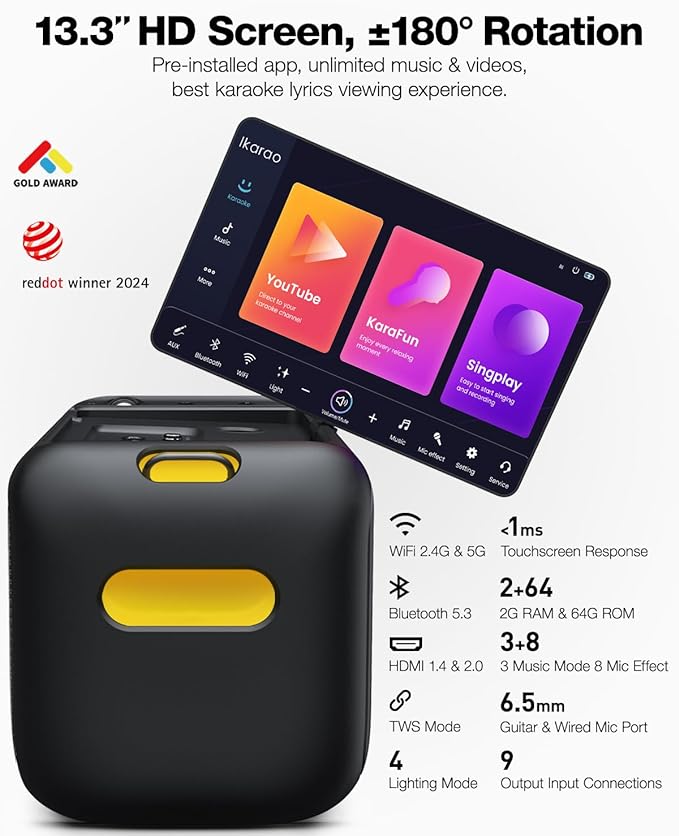 Karaoke Machine for Adults, with Lyrics Display Built-in 13.3" Screen, Truly All in One Karaoke Machine with 2 Wireless Microphone (Hidden & Self Charging), 460W Bluetooth Speaker for Party, TV-BubblyBeeBaby