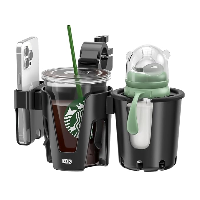 KDD Stroller Cup Holder with Phone Holder, 3-in-1 Removable Bottle Holder, 360 Degrees Rotation Drink Holder for Wheelchair, Stroller, Bike, Walker, Scooter, Bicycle, Uppababy, Bugaboo, Britax-BubblyBeeBaby