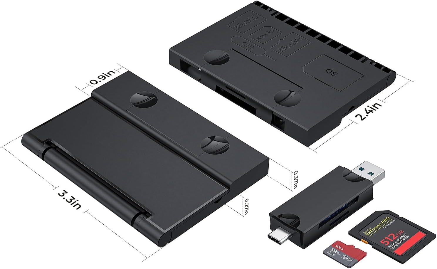 RayCue Multi-Function Card Reader Storage Box, USB3.0 High Speed Mobile Phone Memory/TF Card/SD Card/SIM Card/Card Pin Type-c Storage Box, for Type-c Laptop, iPhone, etc, Black