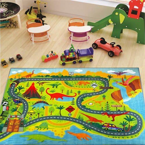 KC Cubs 3x5 Dinosaur Toy Car Dino Road Rug – Educational Play Mat Carpet for Kids, Toddlers, Nursery, Classroom, Playroom, Baby Daycare, Boys & Girls-BubblyBeeBaby
