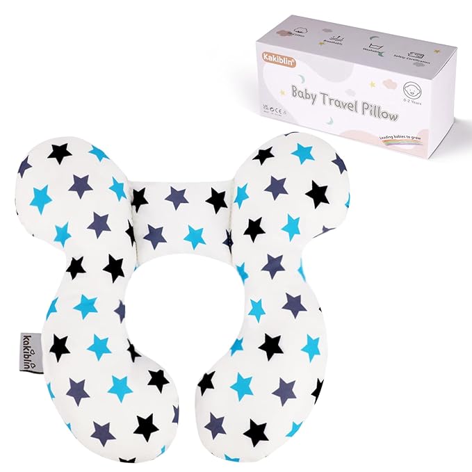 KAKIBLIN Baby Neck Pillow, Upgraded Baby Support Pillow, Head Pillows for Carseat, Newborn Neck Support for Car Seat,Pushchair,Travel (White Star)-BubblyBeeBaby