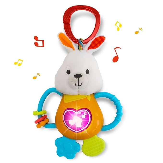 KiddoLab Bunny Teething & Rattle Musical Toy for Infants and Babies - Light-up, Sensory Chew & Interactive Toy for Infants - Baby Basket Stuffer for 3 Months and Up-BubblyBeeBaby