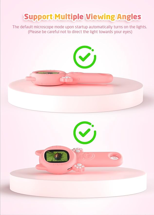 2-in-1 Microscope Camera for Kids, Mini Handheld Microscope Supporting Multiple Viewing Angles, Outdoor Educational Science Adventure Toys, Birthday Gifts for 3-10 Years Old Girls, Pink Cat-BubblyBeeBaby