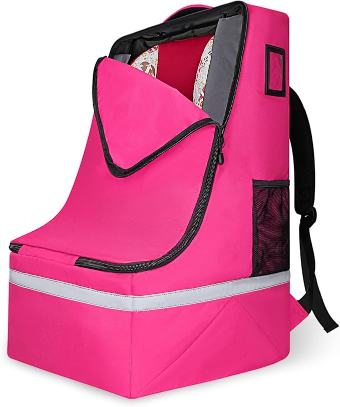 Car Seat Travel Bag for Airplane,Infant Seat Travel Bag with Shoulder Strap,Padded Car Seats Backpack with Reflective Stripes,Large Carseat Carrier Bag Travel Car Seat Cover,Pink-BubblyBeeBaby