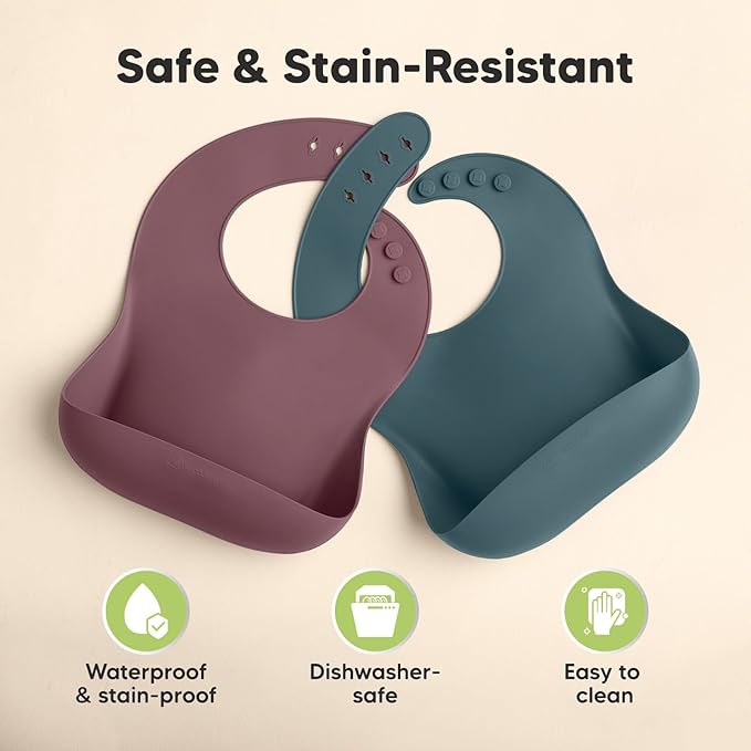 KeaBabies 2-Pack Silicone Baby Bibs for Eating - Sturdy Food-Grade Silicone Bibs for Babies Girl, Boy, Large Food Catcher, Clean & Put On Easily, Waterproof Toddler Feeding Essentials (Rocky)-BubblyBeeBaby