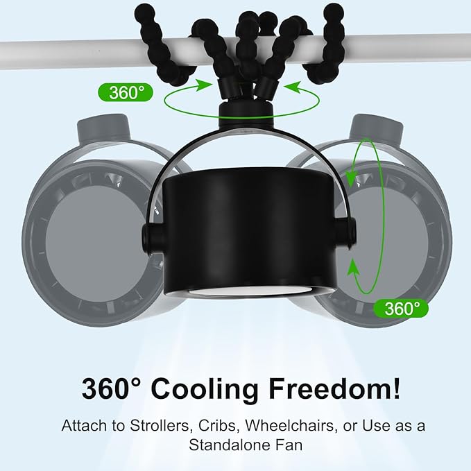 5000mAh Portable Stroller Fan with LCD Display, 5-Speed, Rechargeable Battery Operated, 360° Rotation, Tripod Clip, 17-Hour Battery Life for Carseat, Strollers, Cribs, Wheelchairs, Bedrooms & Travel-BubblyBeeBaby