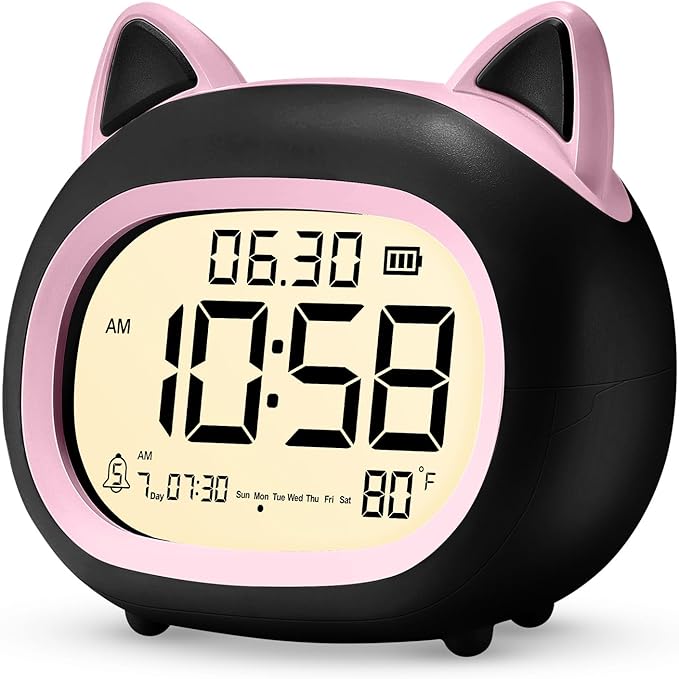 Kids Alarm Clock with Night Light for Kids, Small Digital Alarm Clocks for Bedrooms, Routine Builder, Cute Cat Alarm Clock with Sleep Training, Snooze, 12/24H, Date & Day, Temperature, USB Port-BubblyBeeBaby