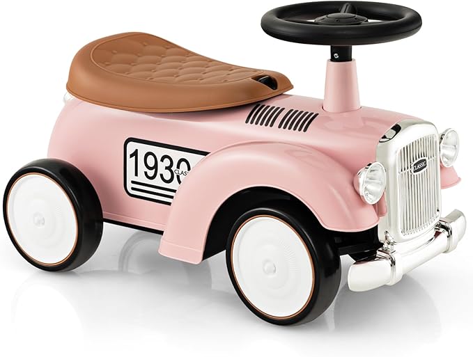 HONEY JOY Ride On Push Car, Outdoor Toddler Riding Toys w/Steering Wheel, Horn & Storage, Foot-to-Floor Sliding Car, No Batteries, Retro Baby Ride On Toys for Boys and Girls (Pink)-BubblyBeeBaby