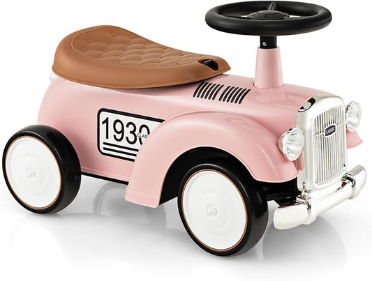 HONEY JOY Ride On Push Car, Outdoor Toddler Riding Toys w/Steering Wheel, Horn & Storage, Foot-to-Floor Sliding Car, No Batteries, Retro Baby Ride On Toys for Boys and Girls (Pink)-BubblyBeeBaby