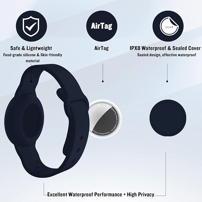 2 Pack Waterproof AirTag Bracelet for Kids, Hidden Silicone Wristband for AirTag, GPS Tracker Case for Air Tag Holder Strap Band for Child Toddler, Secure Anti-Loss Protection(Black Navy Blue)-BubblyBeeBaby