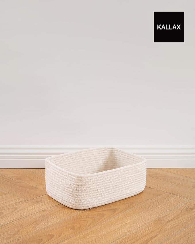 KALLAX Small Woven Basket, 13.5 x 9.5 x 5 Inches, Storage Basket for Organizing, Cute Small Rope Shelf Closet Cube Storage Bins Baskets for Shelves, Dog Toy Gift Baskets Empty, 3 Packs, Off White-BubblyBeeBaby