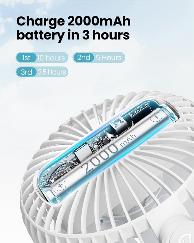 Gaiatop Mini Portable Stroller Fan, Battery Operated Small Clip on, Detachable 3 Speed Rechargeable, 360° Rotate Flexible Tripod Better Cooling for Car Seat Crib Treadmill Travel White-BubblyBeeBaby