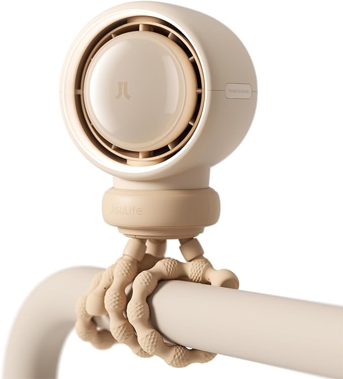 JISULIFE Stroller Fan Baby Large, Safe Bladeless for Crib, Desk, 4000mAh Battery Rechargeable Portable Cooling Fan with Air Turbo Tech, Night Light, Food-Grade Gift for Mom/Dad/Friend - Brown-BubblyBeeBaby