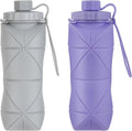 YCT Collapsible Silicone Travel Water Bottle 20oz (600ml), Reuseable Leakproof BPA Free Foldable Sports Bottle, with Carrying Strap, Light Gray + Purple