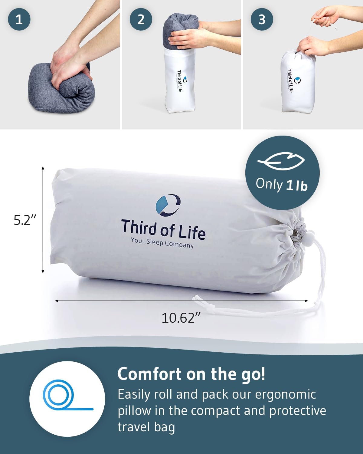 Travel Pillow VOLAR Memory Foam Small Pillow for Sleeping with thermoregulating and Quickdry Removable Cover, Portable Pillow with Travel Bag, for Airplanes, Camping, Van, Neck Pain Relief