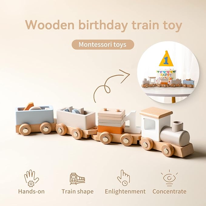 ibwaae Wooden Train Set for Baby Toys with Numbers and Blocks Train Toy 12 PCS for Toddler Boys and Girls 1 2 3 4 5 Birthday Toys-BubblyBeeBaby