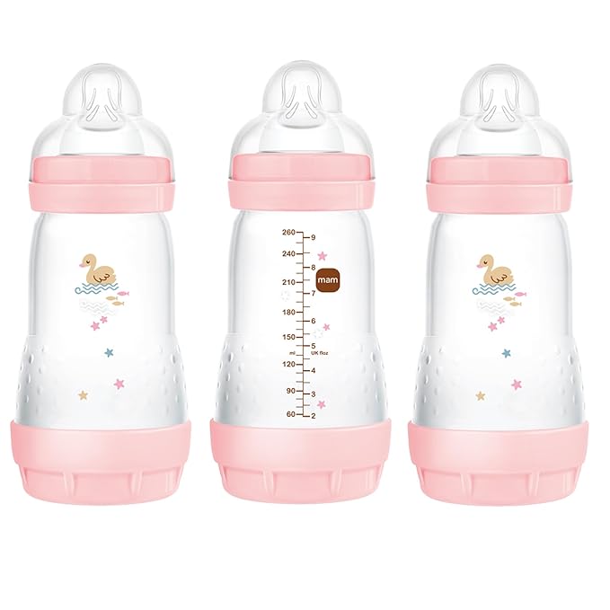 MAM 9oz Easy Start Anti-Colic Baby Bottles, Medium Flow, Breastfeeding-Like Silicone Nipple Bottle, Reduces Colic, Gas, & Reflux, Easy-to-Clean, BPA-Free, 2+ Months-BubblyBeeBaby
