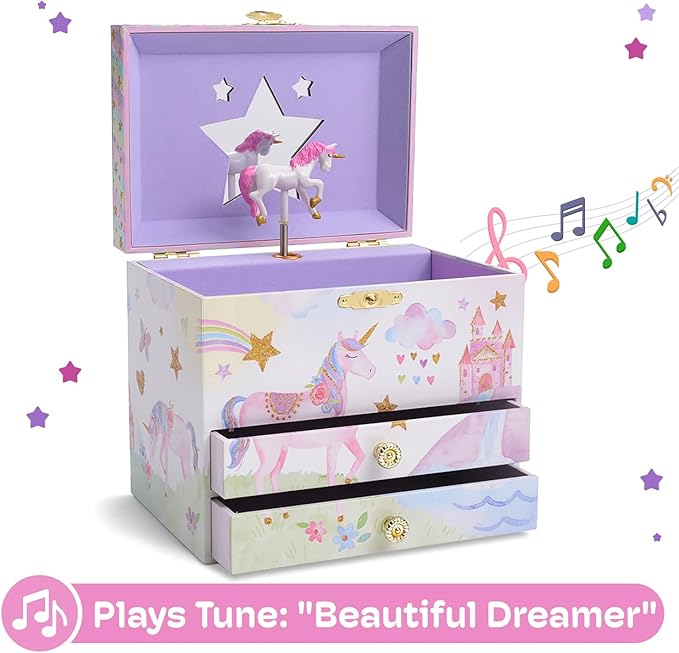 Jewelkeeper Enchanting Unicorn Musical Jewelry Box for Girls - Sparkling Rainbow Design Music Box with 2 Pullout Drawers to Store Earrings, Necklace and Bracelets - Plays The Beautiful Dreamer Tune-BubblyBeeBaby