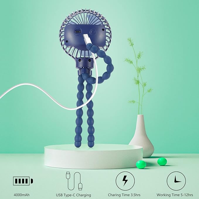 snawowo Mini Handheld Personal Portable Fan, Baby Stroller Fan, Car Seat USB or Battery Powered, with Flexible Tripod Clip on Student Bed Desk Bike Crib Treadmill Camping Traveling(Navy Blue)-BubblyBeeBaby