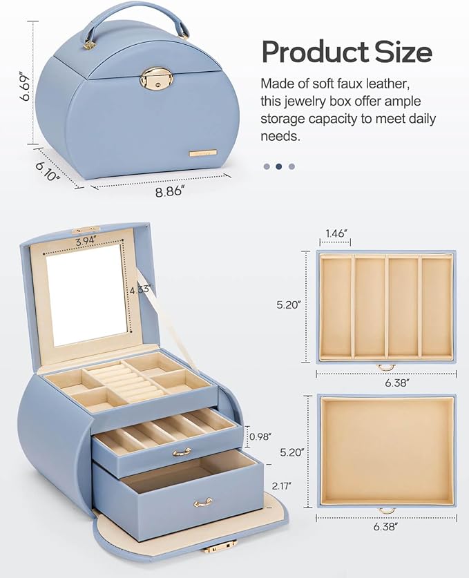 Homde Girls Jewelry Box Jewelry Storage Case Organizer Faux Leather with Mirror for Rings, Earrings, Bracelets, Necklaces (Grey Blue)-BubblyBeeBaby