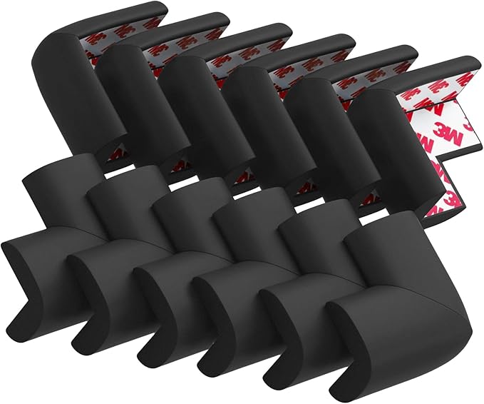 12 Pack Soft Corner Protector Baby Proofing Edge and Corner Guards, Safety Pre-Taped Rubber Foam Furniture Bumper for Fireplace, Table, Stair, Cabinet (Black)-BubblyBeeBaby