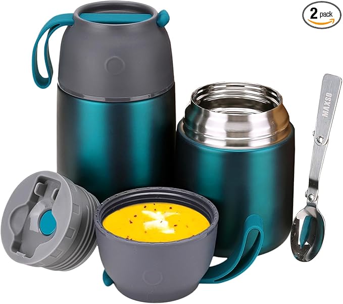 Insulated Thermo Food Jar for Hot & Cold Food for Kids Adult, 17&24 oz Soup Thermal Hot Food Containers for Lunch, Triple Layer Insulation Stainless Steel Food Jar with Spoon(2 Pack Green)-BubblyBeeBaby