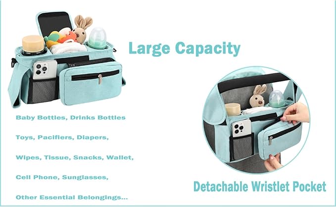 Universal Stroller Organizer with Insulated Cup Holder, Detachable Phone Bag, Shoulder Strap – Fits All Stroller Types, Keeps Drinks Hot/Cold (Blue)-BubblyBeeBaby