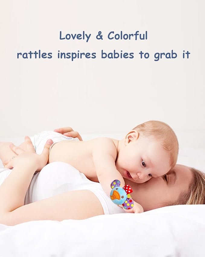 Infant Rattle Socks Toys 0 to 12 Months, Baby Wrist Rattle Foot Finder Socks Set, Birthday Holiday Present for Newborn Boy Girl 0/3/4/6/7/8/9/12/18 Months Kids Toddler, Gift Box Package (4A)-BubblyBeeBaby