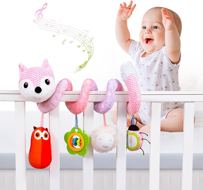 Jollybaby Baby Car Seat Stroller Toys, Plush Activity Hanging Spiral Activity Pram Crib with Music Box, Rattles, Squeaker for Babies Infant Boys Girls(Pink Fox)-BubblyBeeBaby