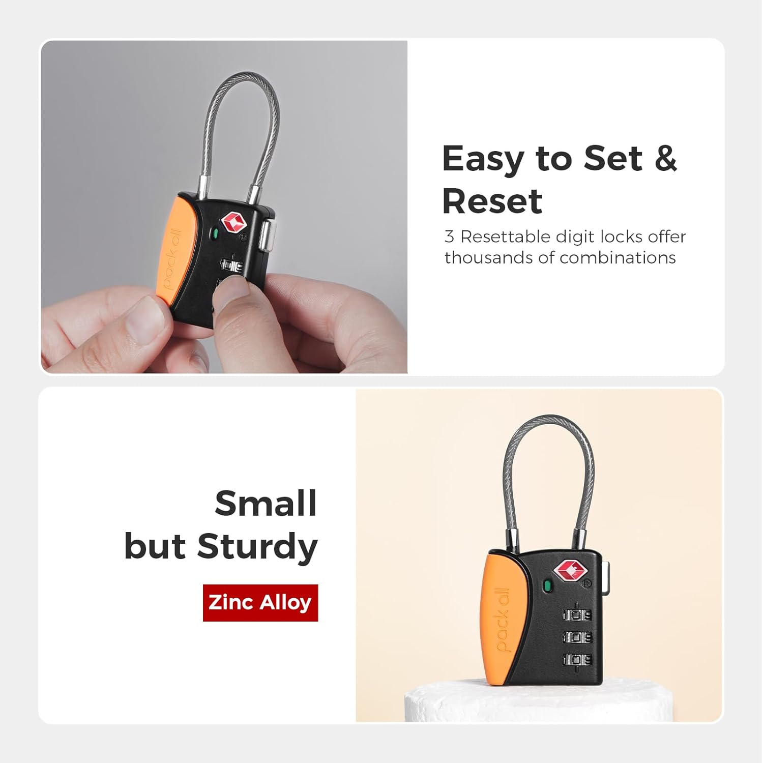 pack all TSA Approved Cable Luggage Locks, 3 Digit Combination Padlocks, Travel Lock for Suitcases & Bag, Alloy Body, Travel Accessories (1 Pack)（Orange）