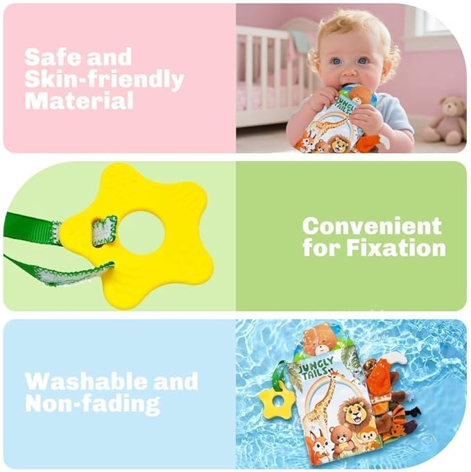 Baby Toys 0-6 Month, Crinkle Books for Babies, Jungle Tails Soft Baby Cloth Books 6 to 12 Months with 10 Pcs Jungle Animal Finger Puppets, Infant Tummy Time Sensory Toys, Newborn Gifts for Boys Girls-BubblyBeeBaby