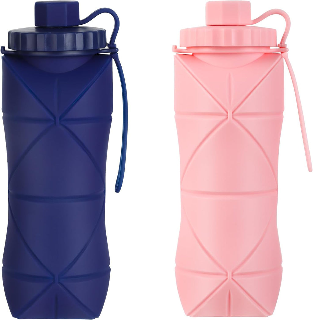 YCT Collapsible Silicone Travel Water Bottle 20oz (600ml), Reuseable Leakproof BPA Free Foldable Sports Bottle, with Carrying Strap, Dark Blue + Pink