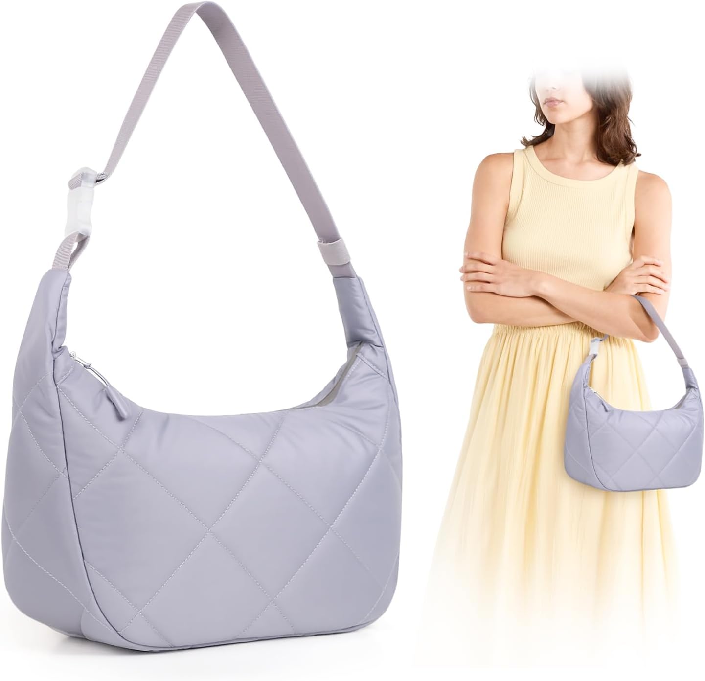 Insulated Lunch Bag for Women, Quilted Reusable Lunch Box with Adjustable Strap, Waterproof Cute Puffy Bento Tote, Stylish Cooler Bag for Work, Picnic or Travel, Light Purple