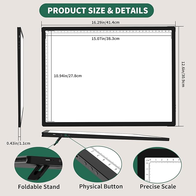 HIUKCOLED A3 Built-in Tilt Stand Light Tracing Box with Carry Bag, 3 Colors/Stepless Dimmable/6-level Brightness Adjustable, Battery Powered LED Light Board for Drawing,Diamond Painting,Sketching-BubblyBeeBaby