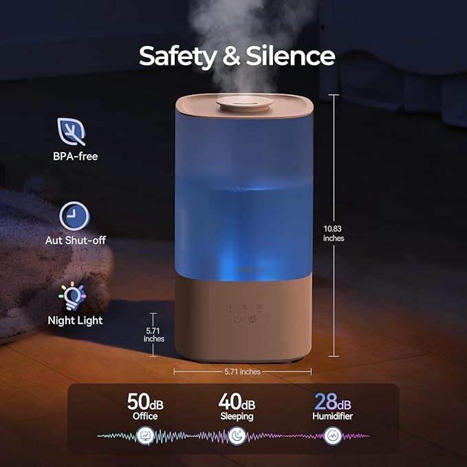 Humidifiers for Bedroom, Top Fill 2.5L Cool Mist Humidifiers for Large Room, Easy to Fill & Clean, 30H Runtime, 28dB Quiet Air Humidifier for Plants, Baby Nursery, Indoor with Night Light-BubblyBeeBaby