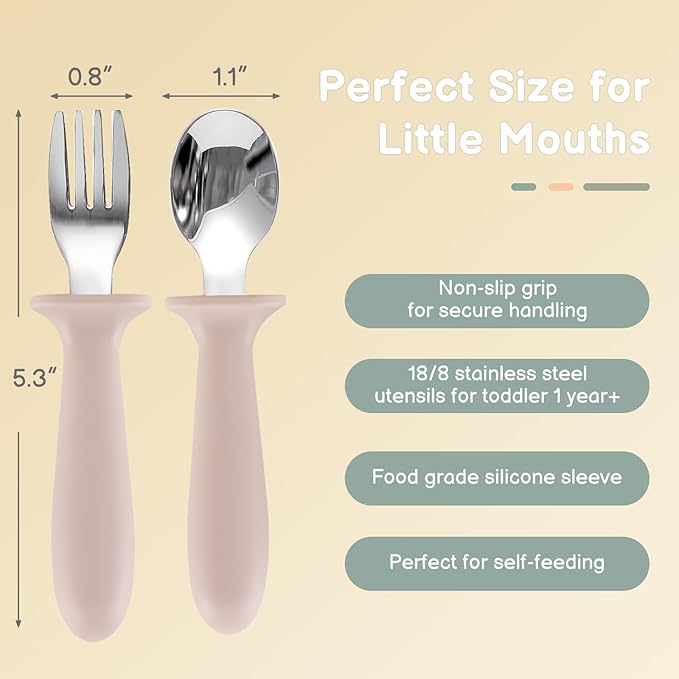 2 Pack Silicone Divided Baby Plates with Suction, 2 Pack Toddler Forks and Spoons Set, BPA Free, Baby Feeding Set for Toddler Utensils, Microwave and Dishwasher Safe-BubblyBeeBaby