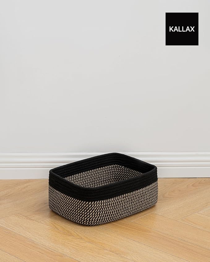 KALLAX Small Woven Basket, 13.5 x 9.5 x 5 Inches, Storage Basket for Organizing, Cute Small Rope Shelf Closet Cube Storage Bins Baskets for Shelves, Dog Toy Gift Baskets Empty, 3 Pack Black & Brown-BubblyBeeBaby