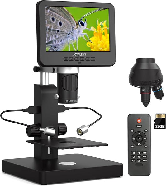 JL246PS 3 Lens 7'' HDMI Digital Microscope 4000X, Biological Microscope for Adults Kids with Prepared Slides, UHD 2160P Video, Full Coin Microscope for Error Coins, Windows Compatible, 32GB-BubblyBeeBaby