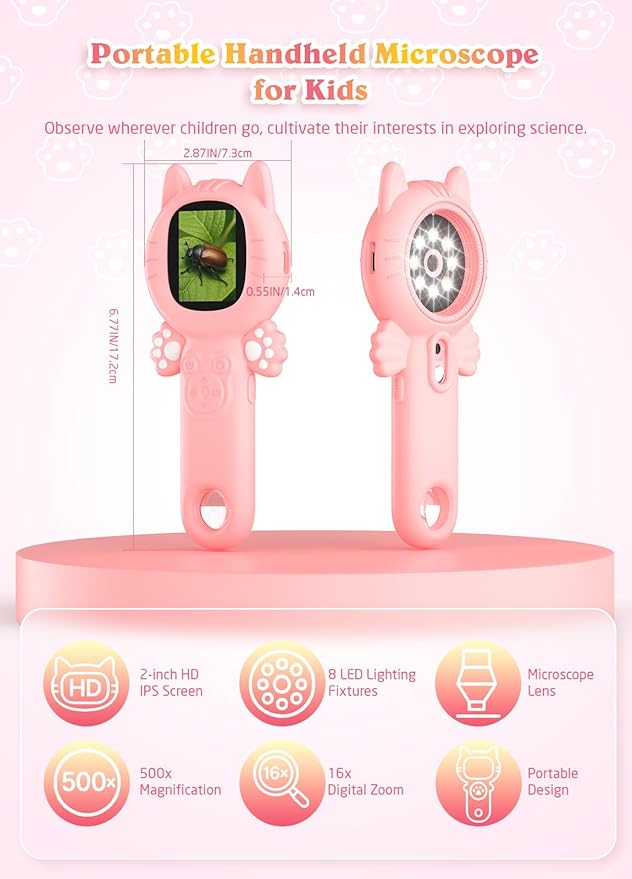 2-in-1 Microscope Camera for Kids, Mini Handheld Microscope Supporting Multiple Viewing Angles, Outdoor Educational Science Adventure Toys, Birthday Gifts for 3-10 Years Old Girls, Pink Cat-BubblyBeeBaby