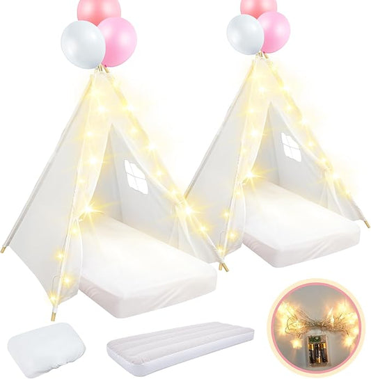 2 Pack Kids Teepee Tent with Mattress,Fitted Sheet,Light String,Washable Natural Cotton Toddler Play Tent for Girls Boys Indoor Outdoor Sleepover Slumber Birthday Party(White)-BubblyBeeBaby