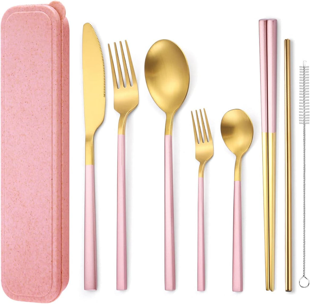 AARAINBOW 6 Pieces Stainless Steel Flatware Set Portable Reusable Cutlery Set Travel Utensils Set Including Chopsticks Knife Fork Spoon Straws Cleaning Brush Dishwasher Safe (B-Pink golden)